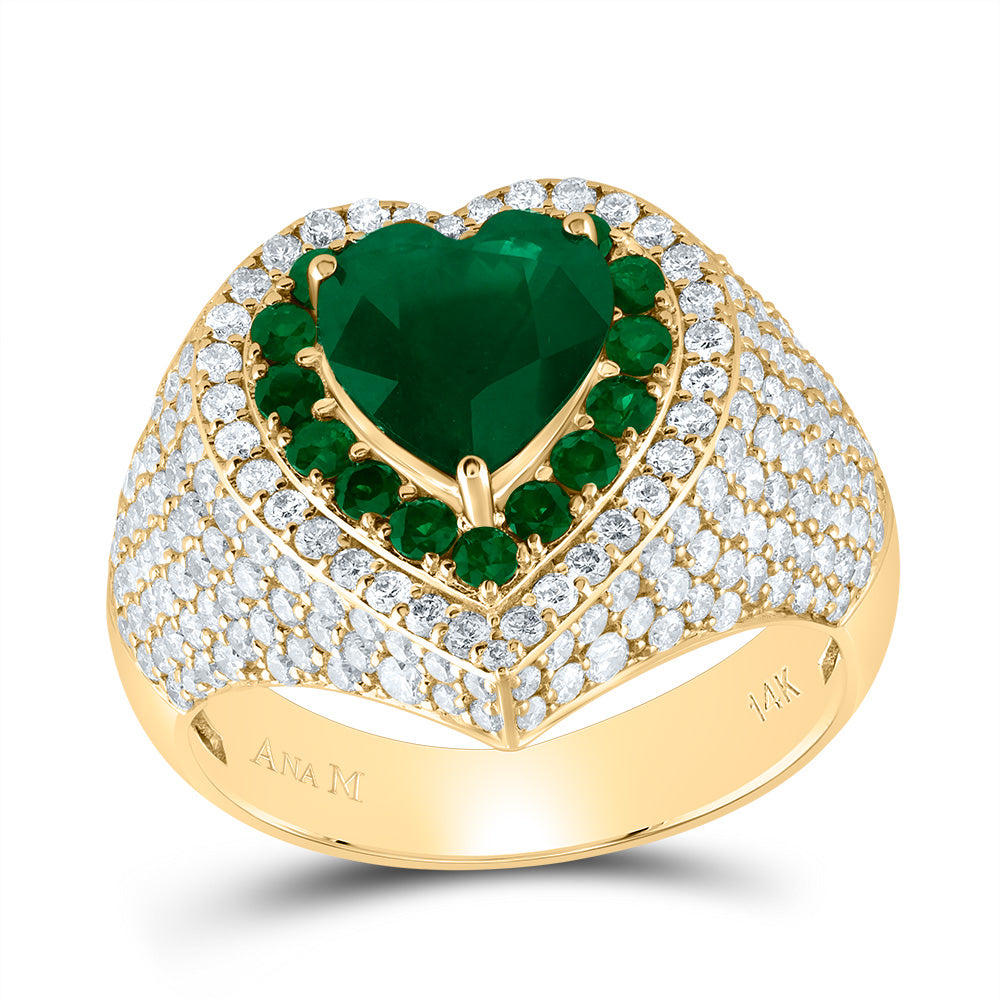 14kt Yellow Gold 1 5/8 Cttw Natural Diamond Ana M and 1 3/4 Cttw Heart Emerald 3/8 Cttw Round Emerald Natural Gem Heart Wedding Engagement Anniversary Ring, Women Size: 5-9