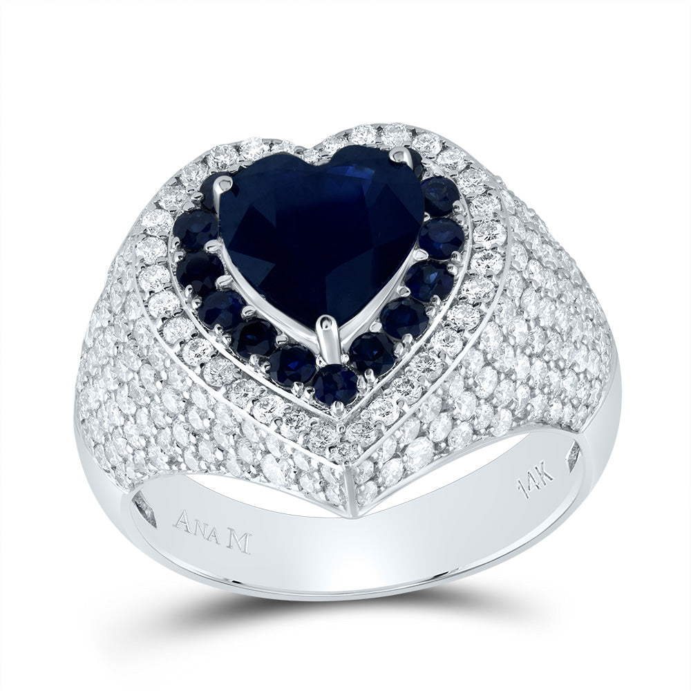 14kt White Gold 1 5/8 Cttw Natural Diamond Ana M 2 Cttw Hs Blue Sapphire 1/2 Cttw Round Blue Sapphire Natural Gem Heart Wedding Engagement Anniversary Ring, Women Size: 5-9