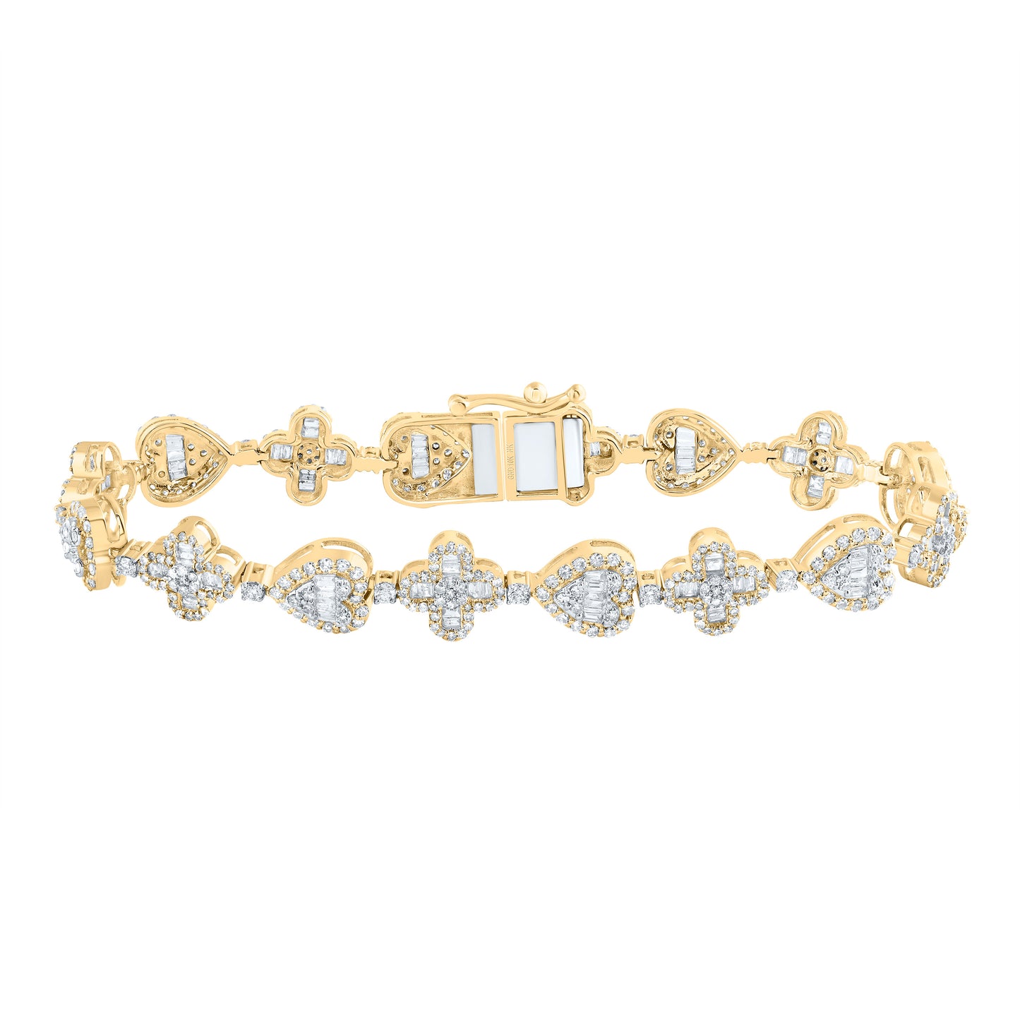 10kt Yellow Gold 3 1/5 Cttw Natural Diamond Clover Heart Ladies Bracelet, Length: 7 Inch