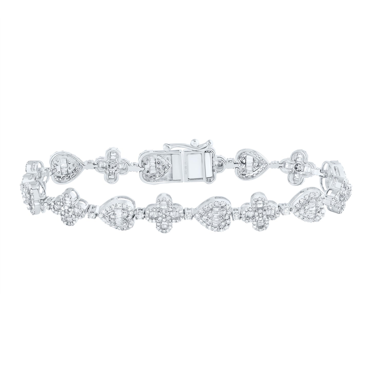 10kt White Gold 3 1/5 Cttw Natural Diamond Clover Heart Ladies Bracelet, Length: 7 Inch