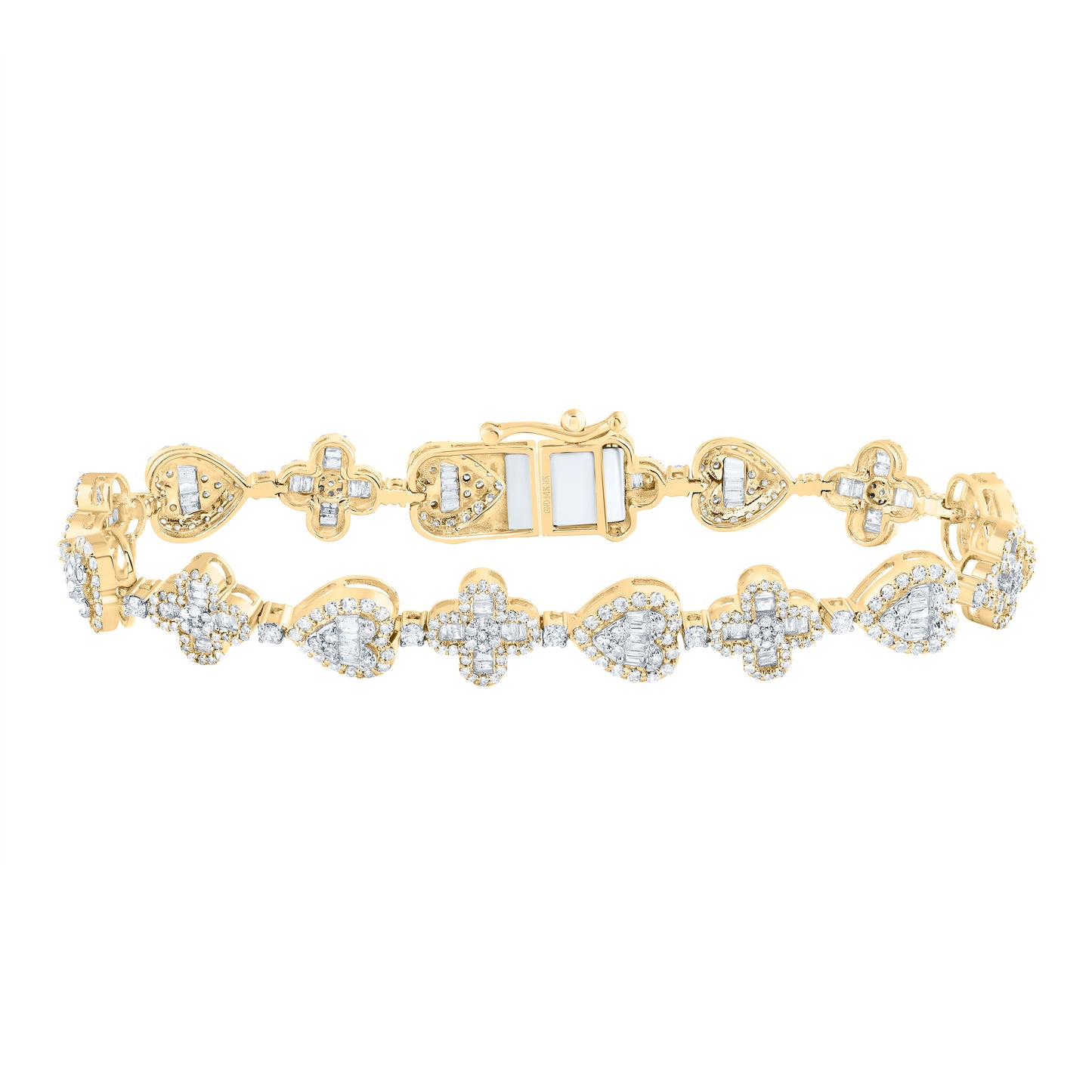 14kt Yellow Gold 3 1/5 Cttw Natural Diamond Clover Heart Ladies Bracelet, Length: 7 Inch