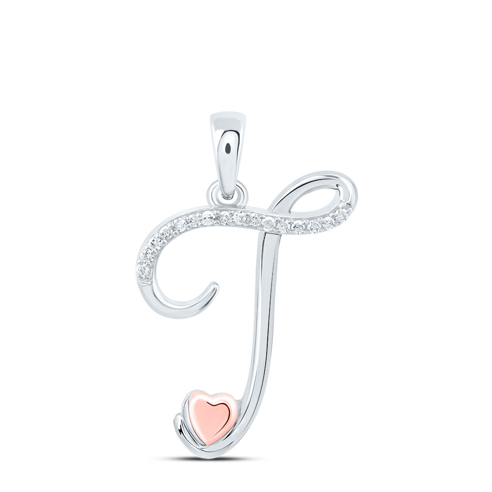 Sterling Silver White-Tone 1/12 Ctw Natural Diamond Initial "T" Pendant