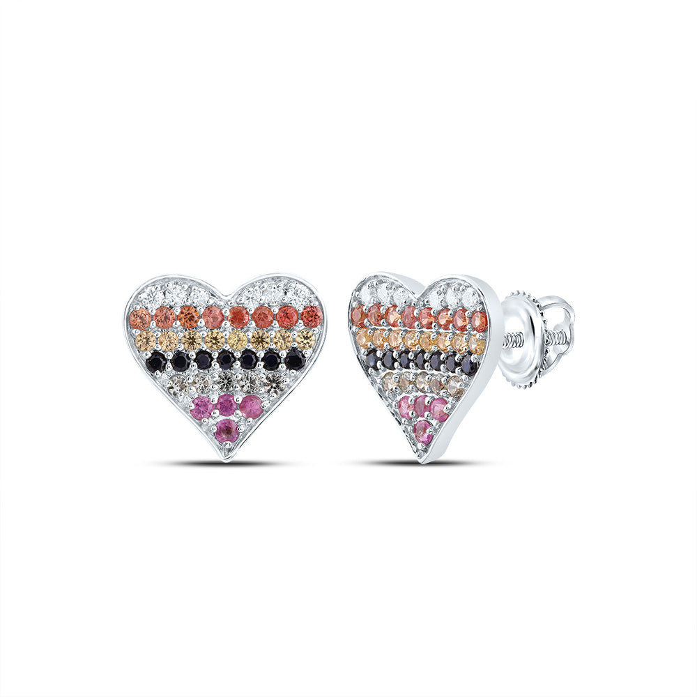 10kt White Gold 1/10 Cttw Natural Diamond 5/8 Cttw Round Natural Gem Multicolor Sapphire Heart Stud Earring
