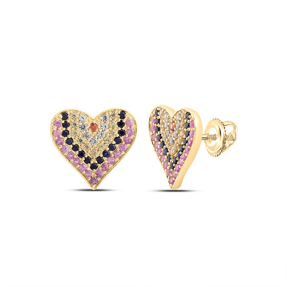 10kt Yellow Gold 1 Cttw Round Natural Gem Multicolor Sapphire Heart Stud Earring