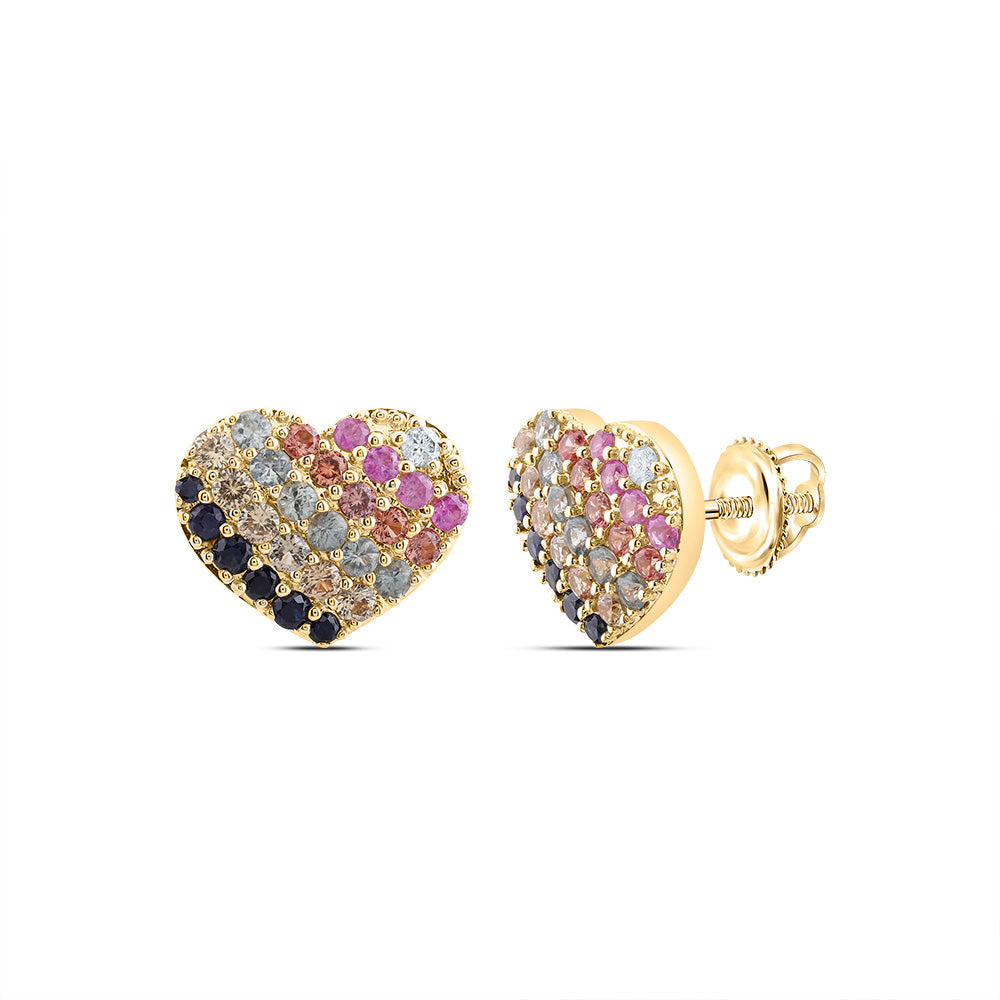 10kt Yellow Gold 1/20 Cttw Natural Diamond and 1 Cttw Round Natural Gem Multicolor Sapphire Heart Stud Earring