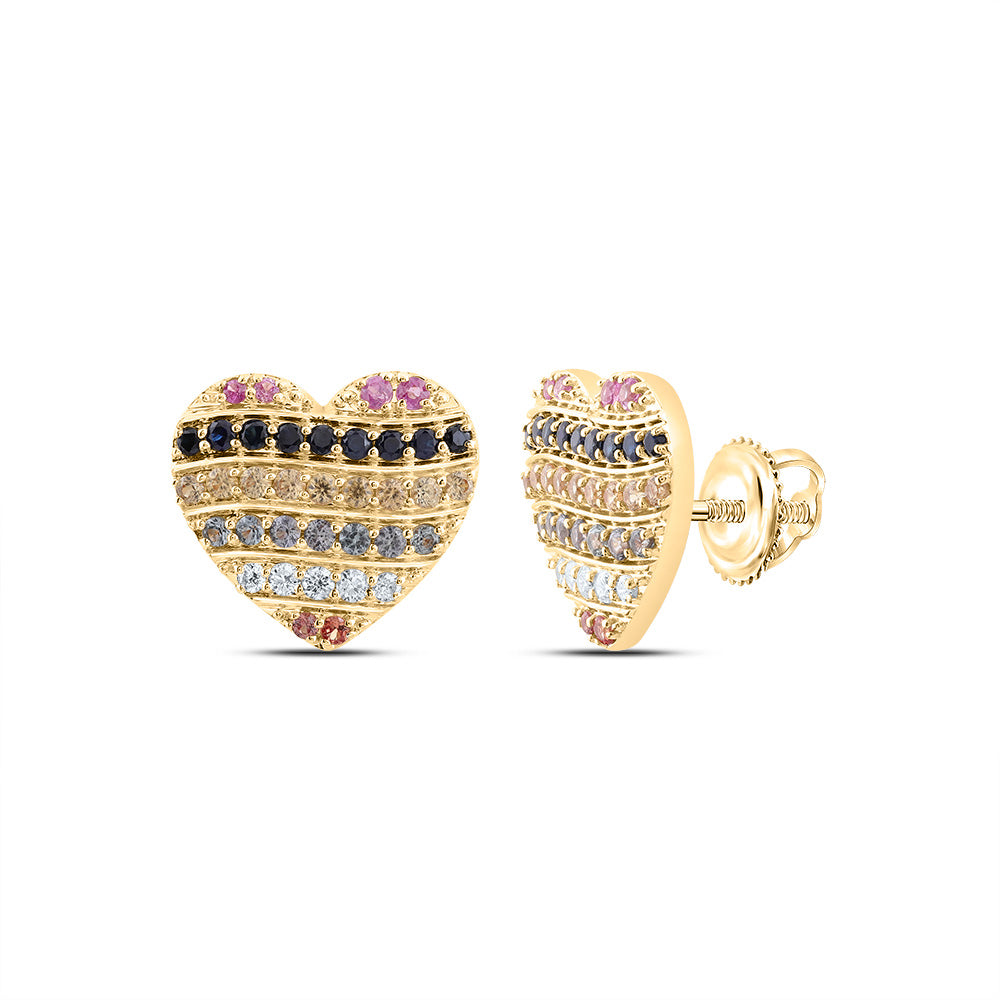 10kt Yellow Gold 1/10 Cttw Natural Diamond 5/8 Cttw Round Natural Gem Multicolor Sapphire Heart Stud Earring
