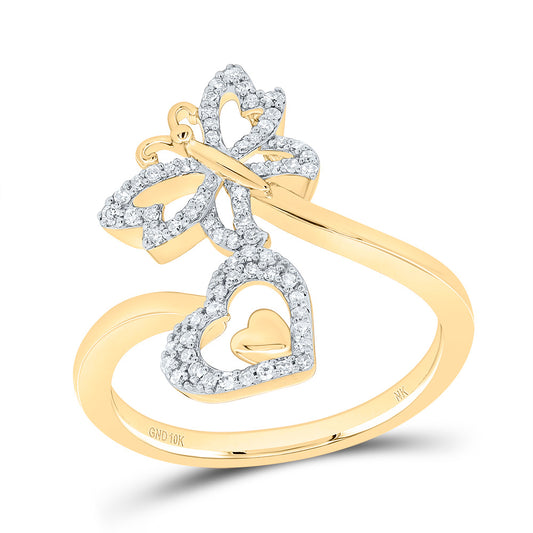 10kt Yellow Gold 1/5 Cttw Natural Diamond Butterfly Heart Wedding Engagement Anniversary Ring, Women Size: 5-9