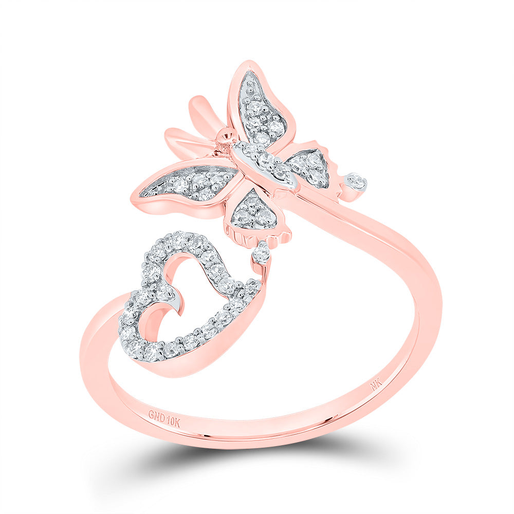 10kt Rose Gold 1/6 Cttw Natural Diamond Butterfly Heart Wedding Engagement Anniversary Ring, Women Size: 5-9