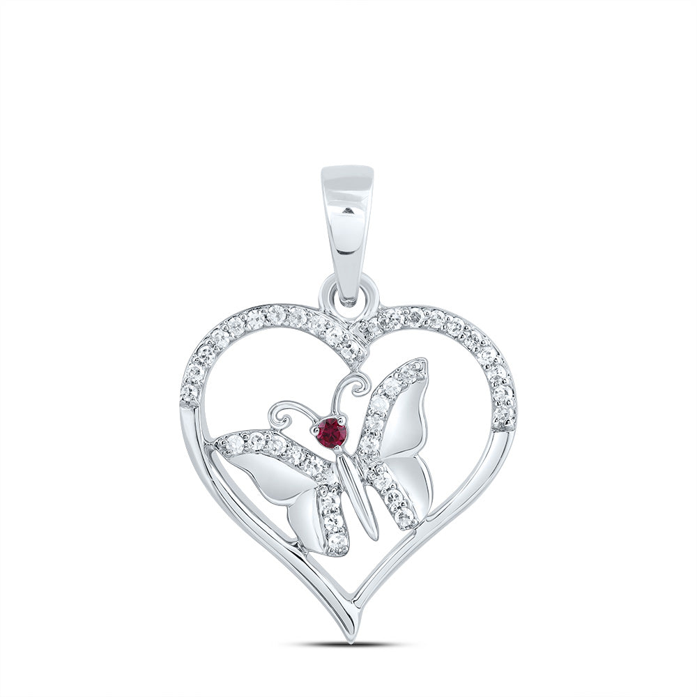 10kt White Gold 1/10 Cttw Natural Diamond 1.3mm Round Ruby Natural Gem Butterfly Heart Pendant
