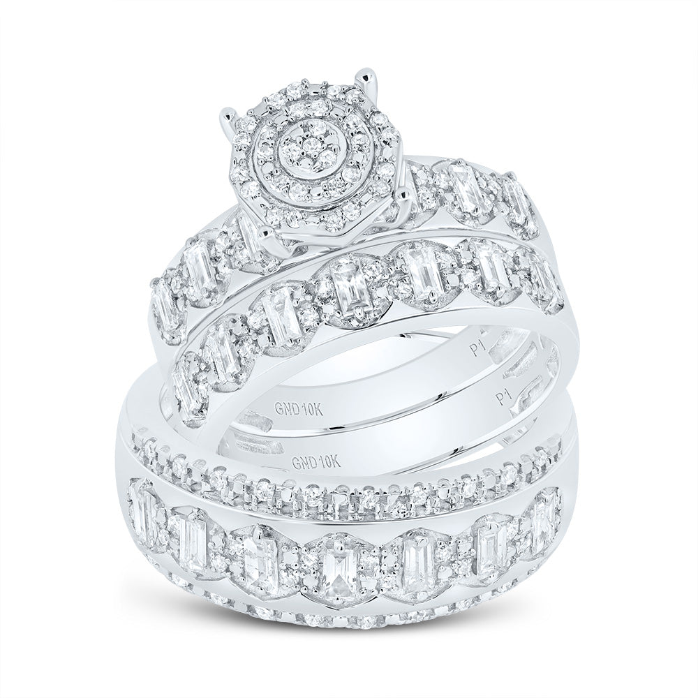 10kt White Gold His & Hers 1 Cttw Natural Diamond Round Trio Ring, Women Size: 5-9, Men Size: 8-12