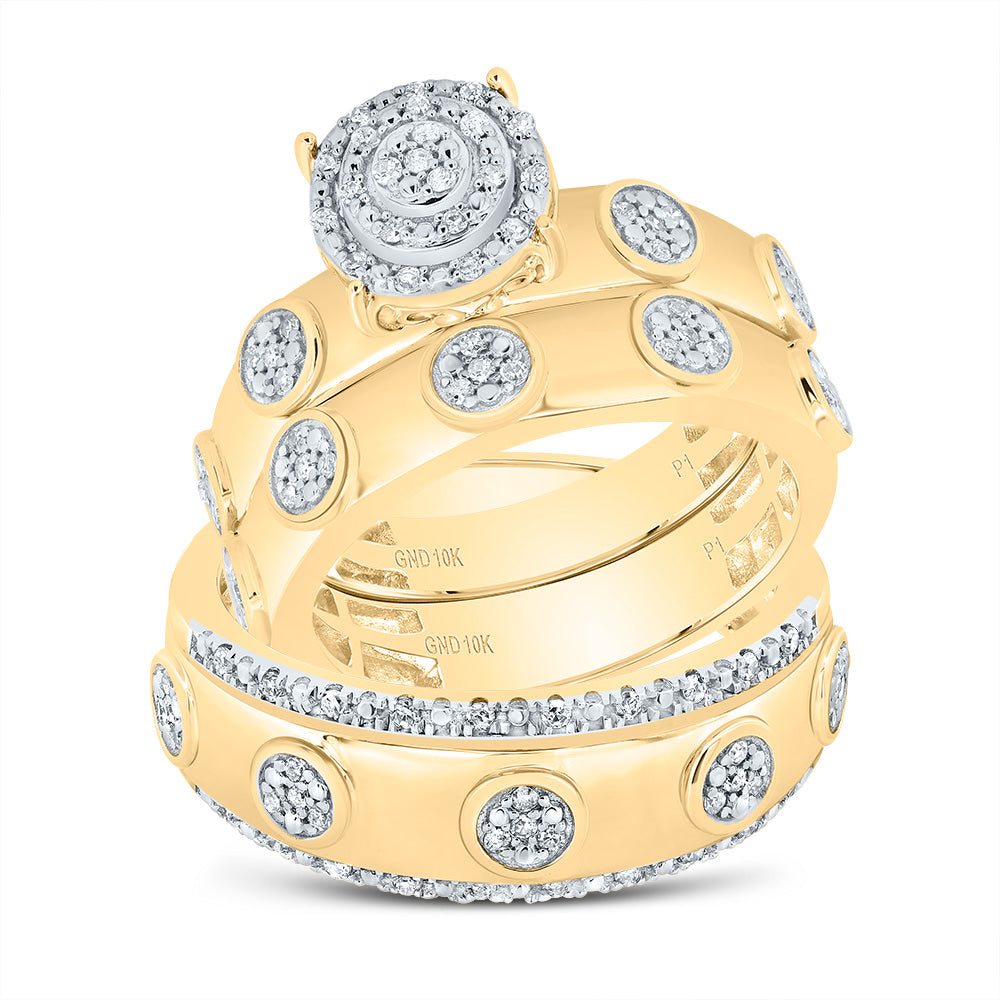 10kt Yellow Gold His & Hers 3/8 Cttw Natural Diamond Round Trio Ring, Women Size: 5-9, Men Size: 8-12