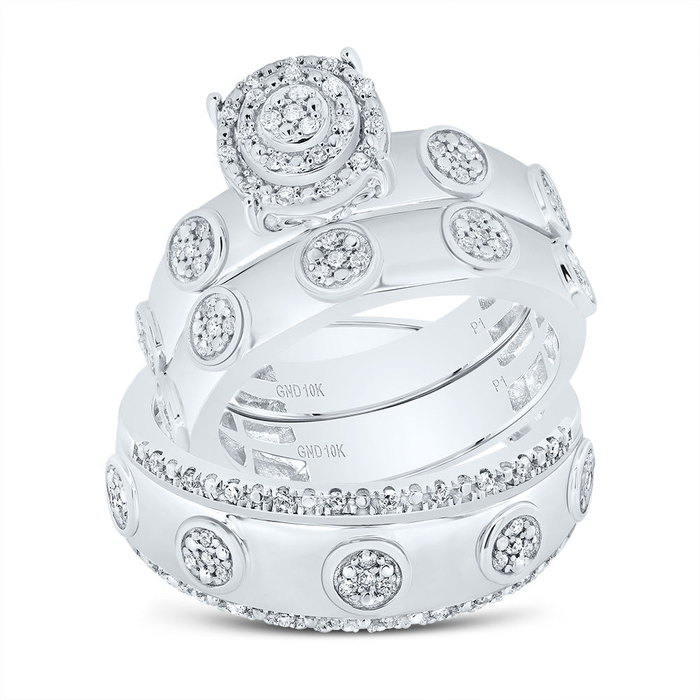 10kt White Gold His & Hers 3/8 Cttw Natural Diamond Round Trio Ring, Women Size: 5-9, Men Size: 8-12