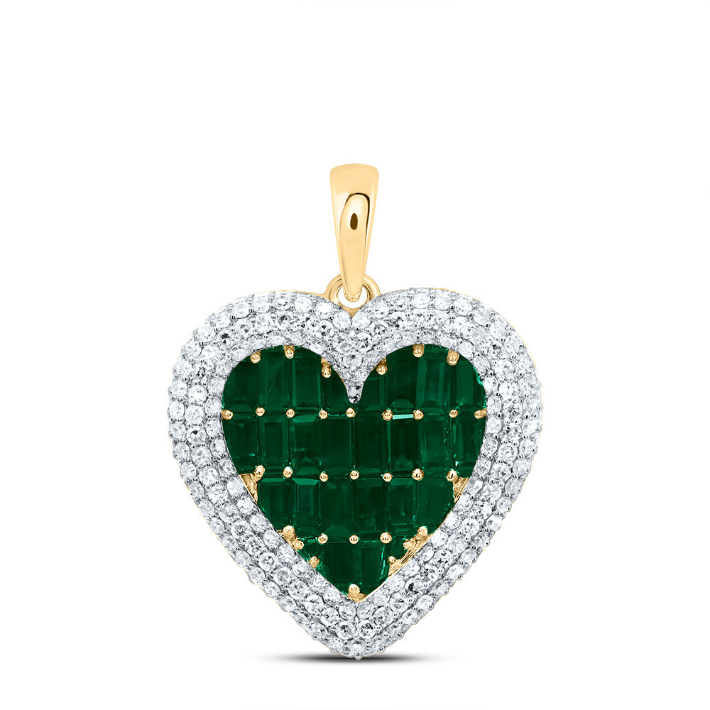 14K Yellow Gold 1 Ctw Diamond 0.010 Ctw Round Emerald, 1 3/8 Ctw Baguette Emerald, Natural Gem Heart Pendant