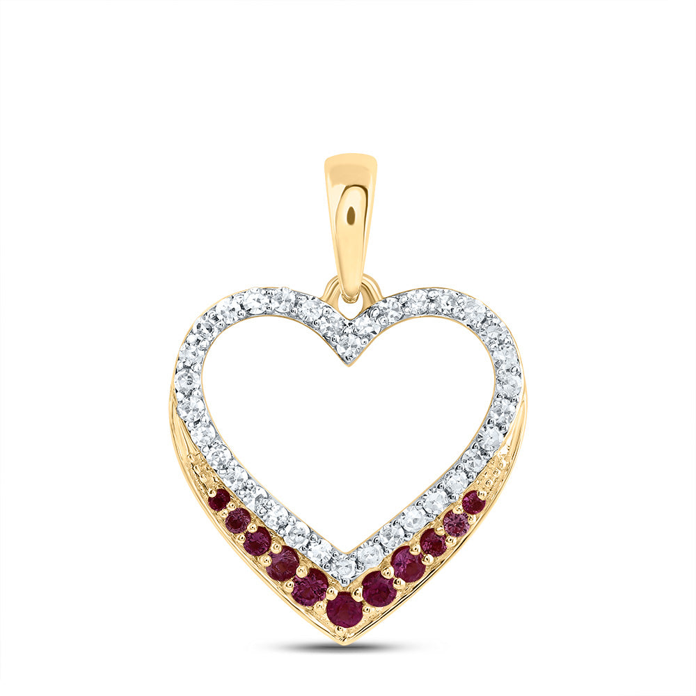 10kt Yellow Gold 1/8 Cttw Natural Diamond and 1/10 Cttw Round-ruby,nat Gem Heart Pendant