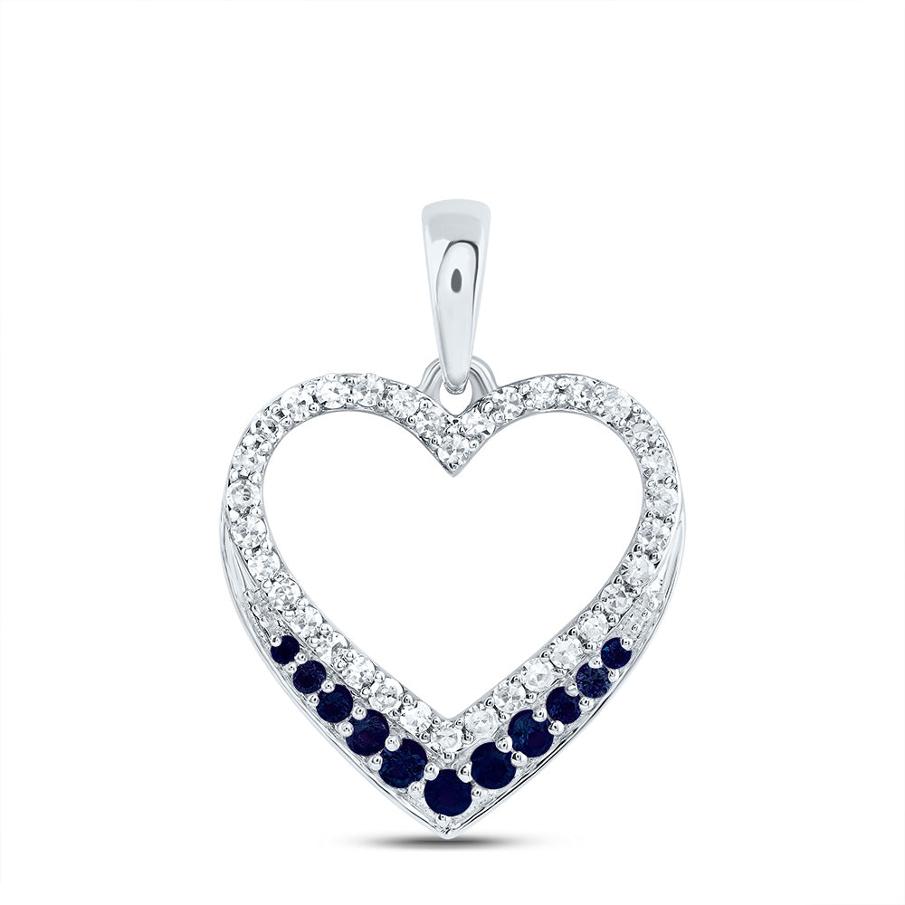 10kt White Gold 1/8 Cttw Natural Diamond and 1/10 Cttw Round Blue Sapphire,nat Gem Heart Pendant