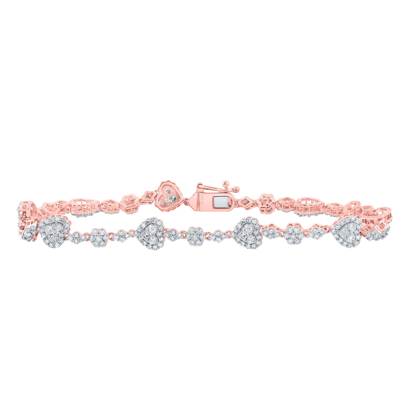 10kt Rose Gold 1 3/4 Cttw Natural Diamond Fashion Heart Bracelet, Length: 7 Inch