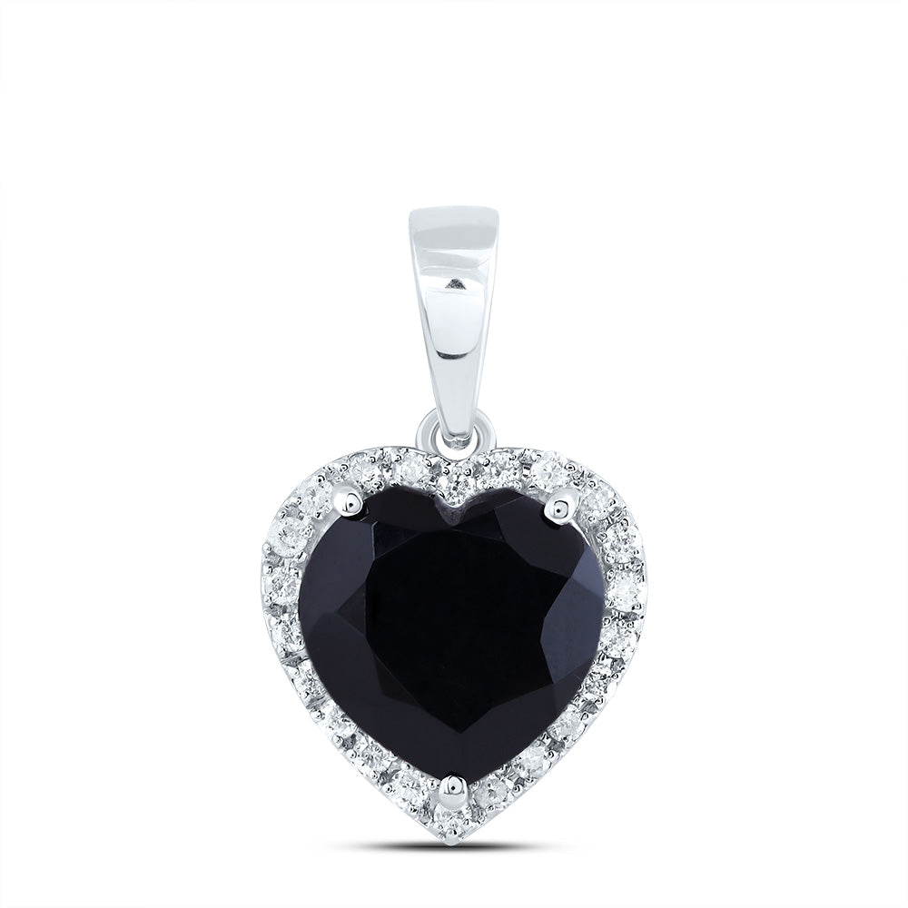 10kt White Gold 1/5 Cttw Natural Diamond 10 Mm Heart Black Onyx Pendant