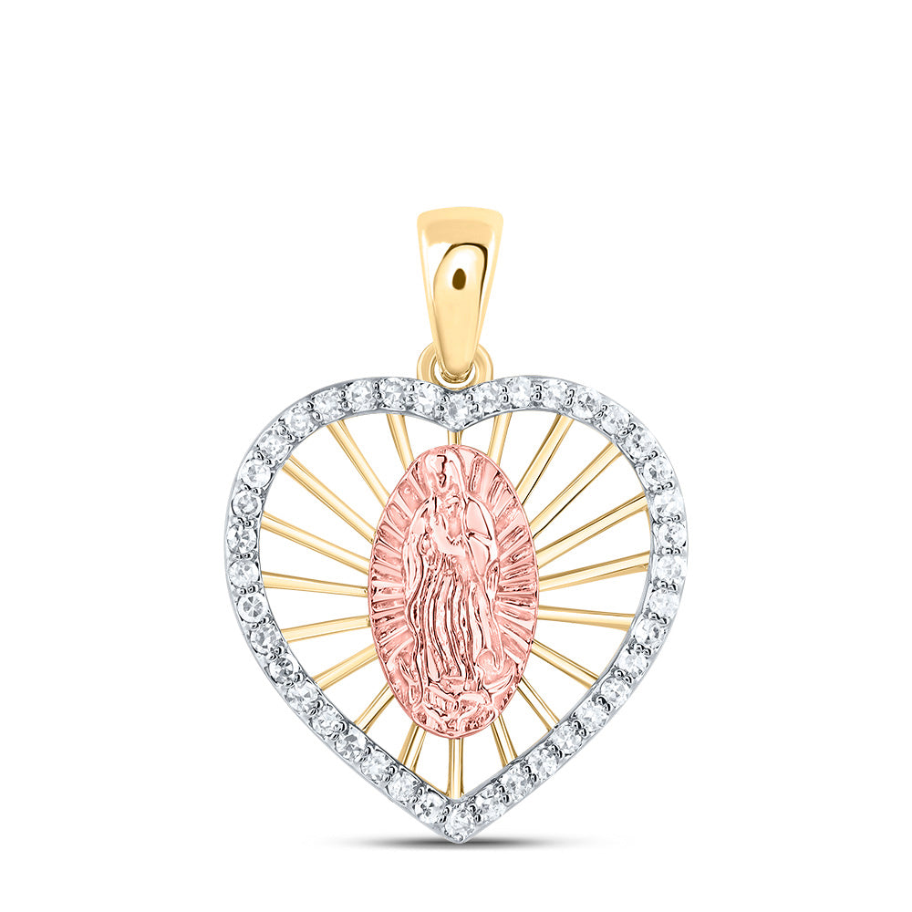 14k Yellow Rose 1/6 Cttw Natural Diamond Heart Mother Mary Pendant