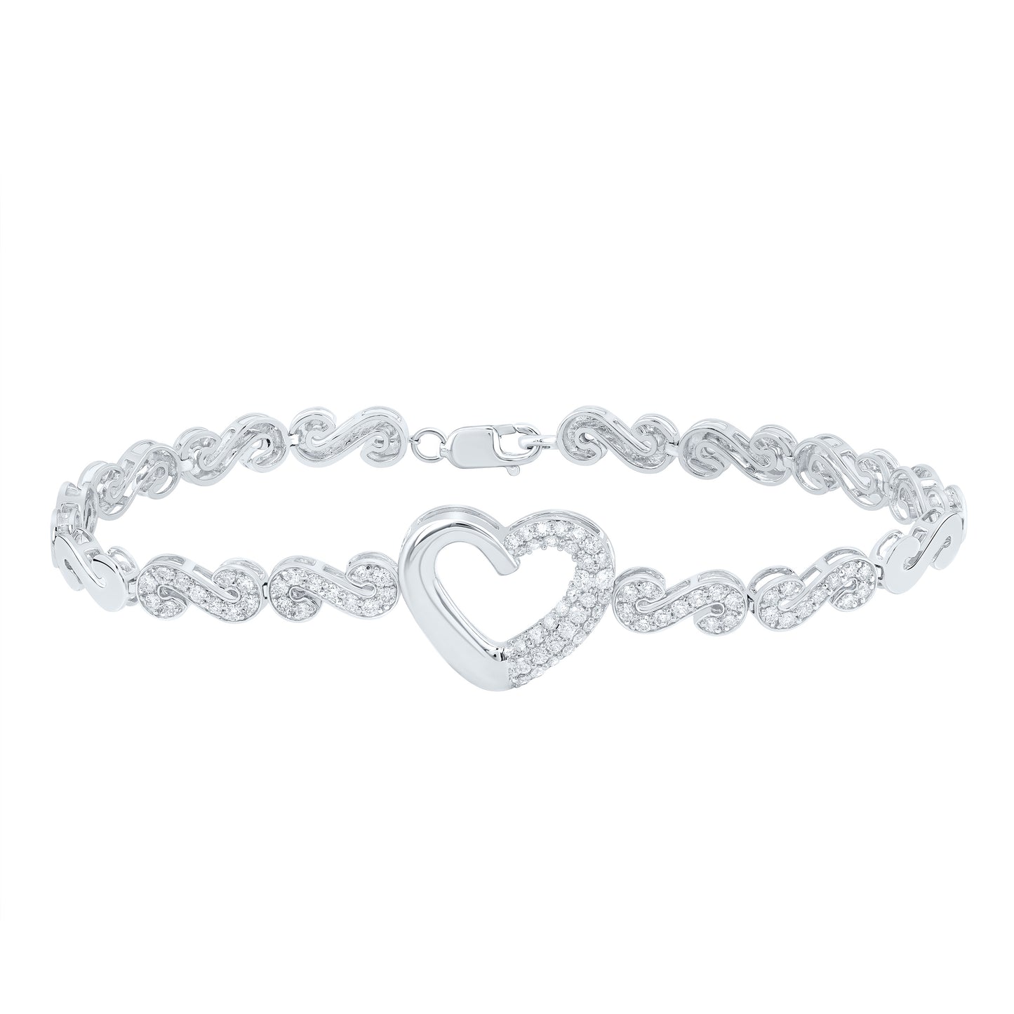 10kt White Gold 1 Cttw Natural Diamond Fashion Heart Bracelet, Length: 7 Inch