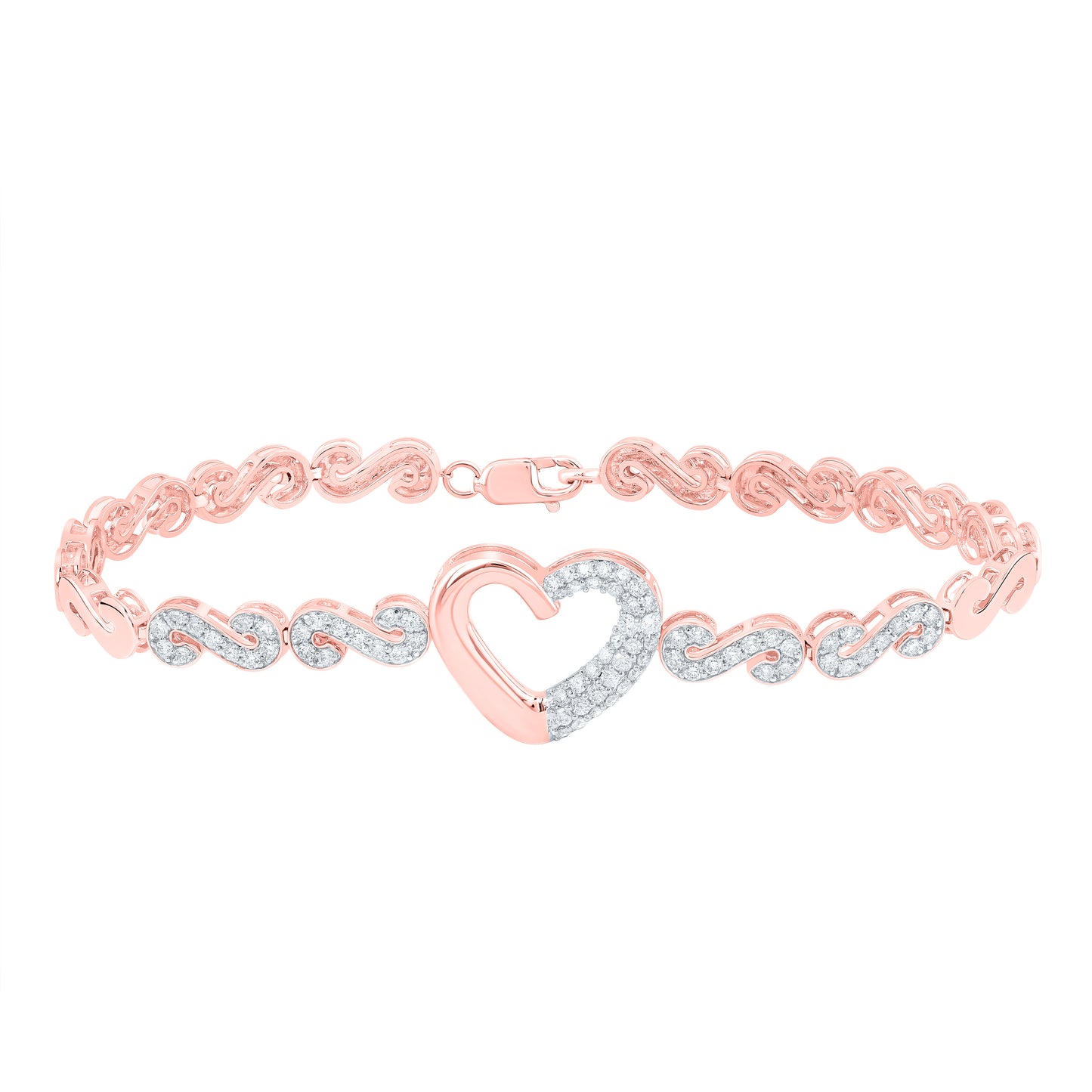 10kt Rose Gold 1 Cttw Natural Diamond Fashion Heart Bracelet, Length: 7 Inch