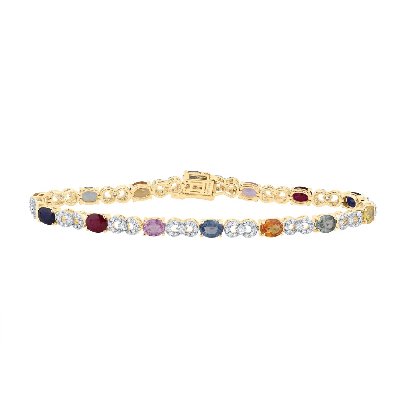 14kt Yellow Gold 7/8 Cttw Natural Diamond 5 3/4 Cttw-ov- Natural Gem Multicolor Sapphire Bracelet, Length: 7 Inch