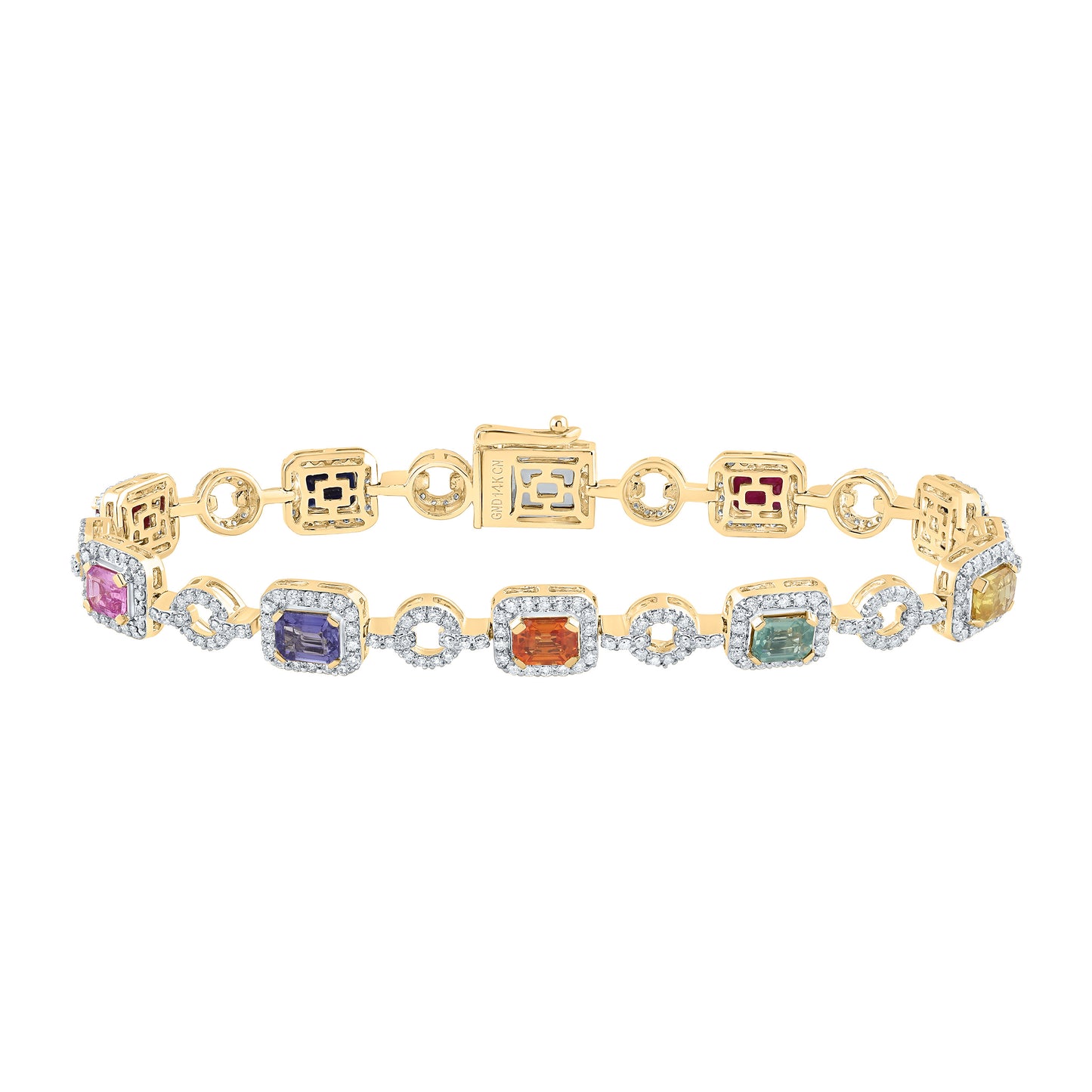 14kt Yellow Gold 1 7/8 Cttw Natural Diamond 5 Cttw Oct- Natural Gem Multicolor Sapphire Bracelet, Length: 7 Inch