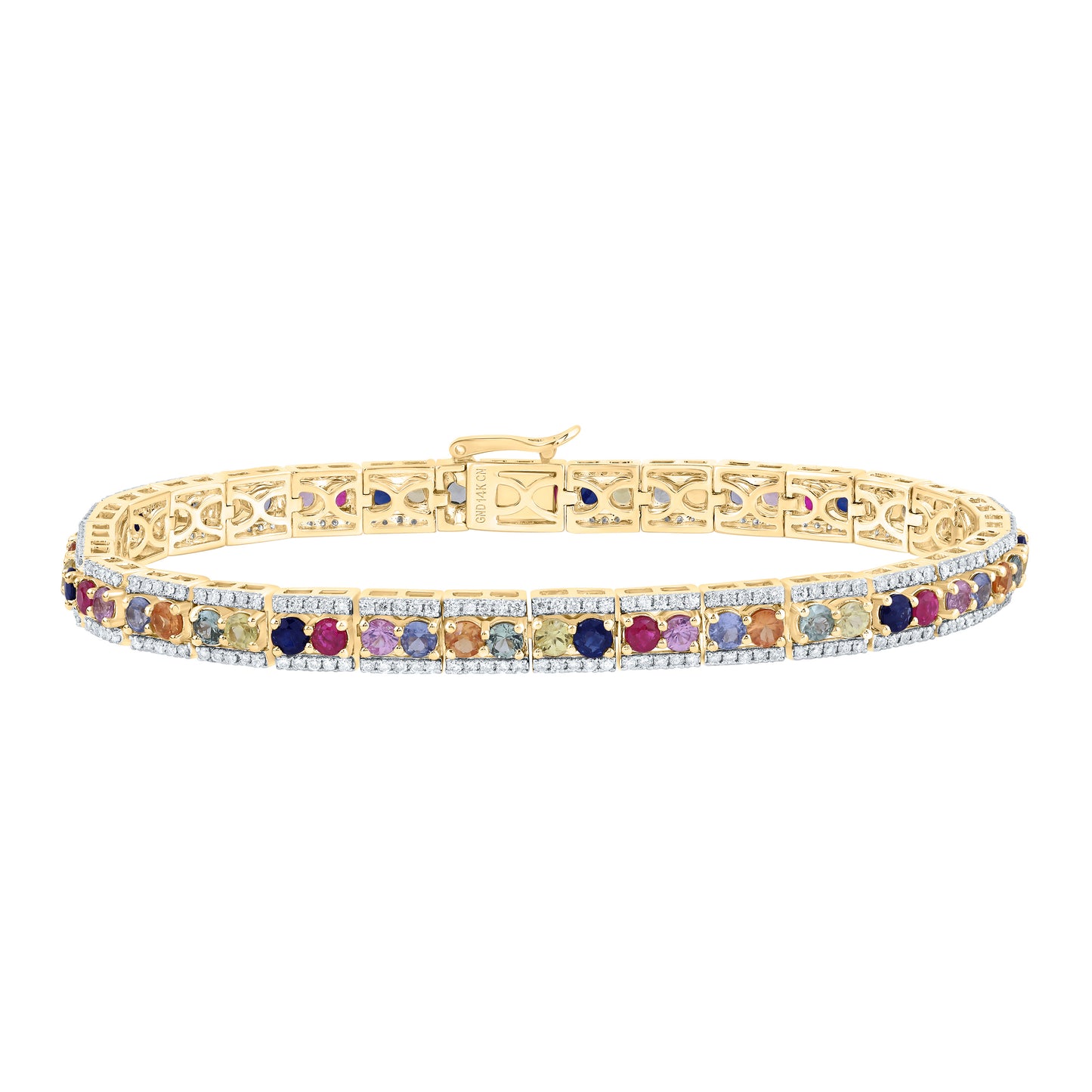 14kt Yellow Gold 1 1/5 Cttw Natural Diamond 5 Cttw Round Natural Gem Multicolor Sapphire Bracelet, Length: 7 Inch