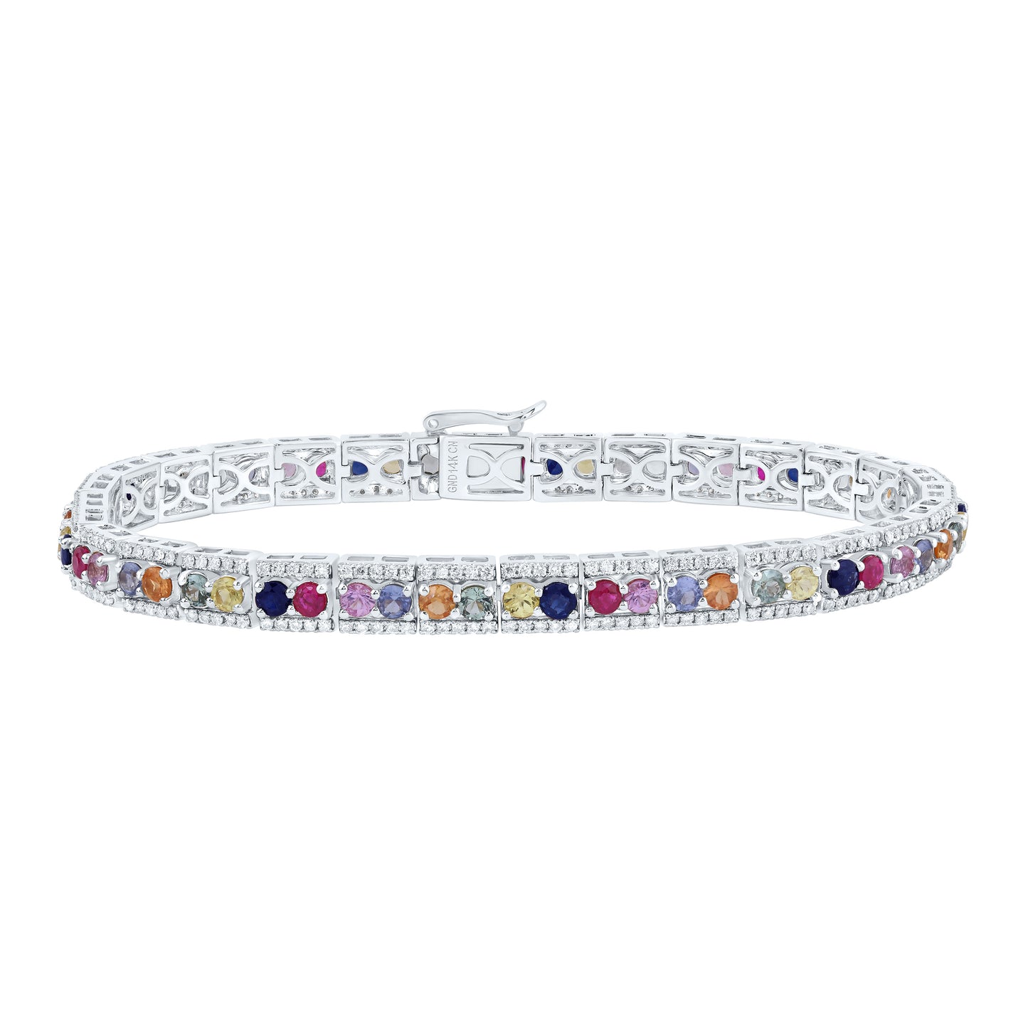 14kt White Gold 1 1/5 Cttw Natural Diamond 5 Cttw Round Natural Gem Multicolor Sapphire Bracelet, Length: 7 Inch