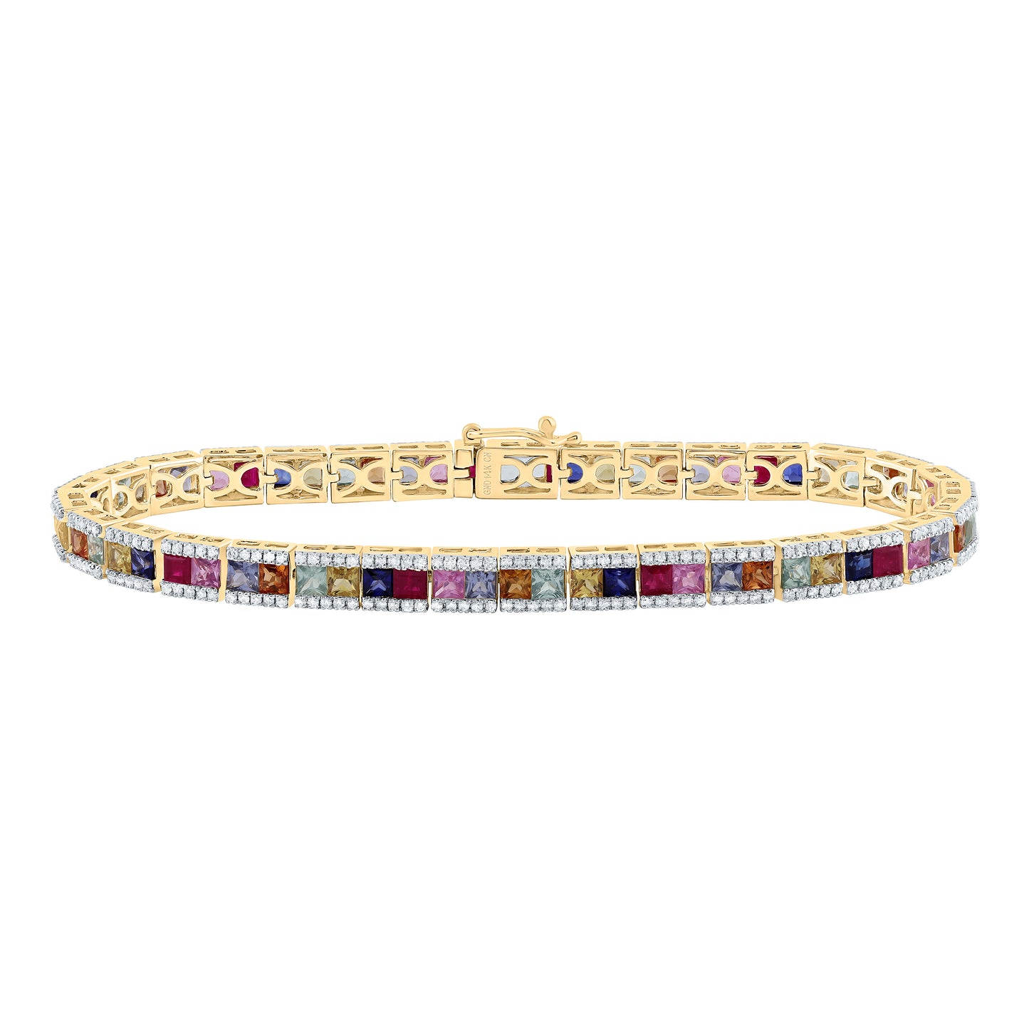 14kt Yellow Gold 1 1/5 Cttw Natural Diamond 9 Cttw- Pr- Natural Gem Multicolor Sapphire Bracelet, Length: 7 Inch