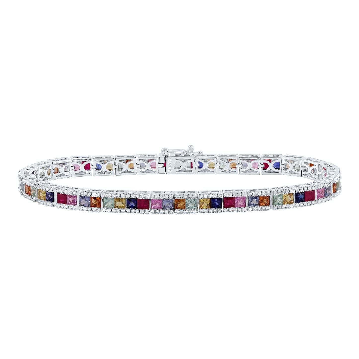 14kt White Gold 1 1/5 Cttw Natural Diamond 9 Cttw- Pr- Natural Gem Multicolor Sapphire Bracelet, Length: 7 Inch