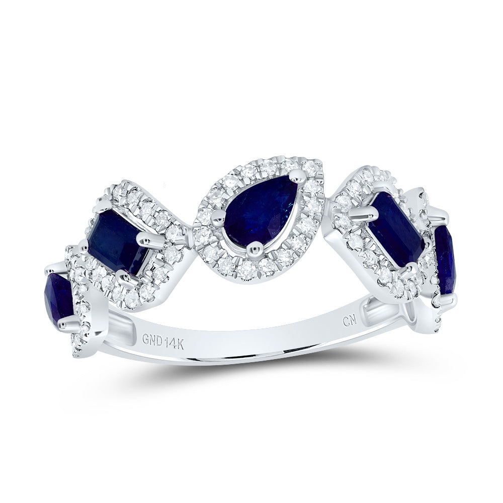 14kt White Gold 1/3 Cttw Natural Diamond 3/4 Cttw Pear Blue Sapphire 1/2 Cttw Emerald Blue Sapphire Natural Gem Bridal Wedding Engagement Anniversary Ring, Women Size: 5-9