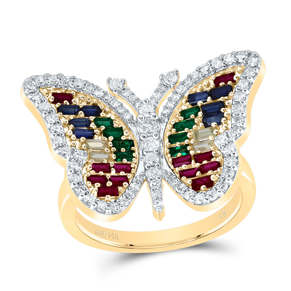14kt Yellow Gold 1/2 Cttw- Natural Diamond 3/4 Cttw Bag Natural Gem Multicolor Sapphire Wedding Engagement Anniversary Butterfly Ring, Women Size: 5-9