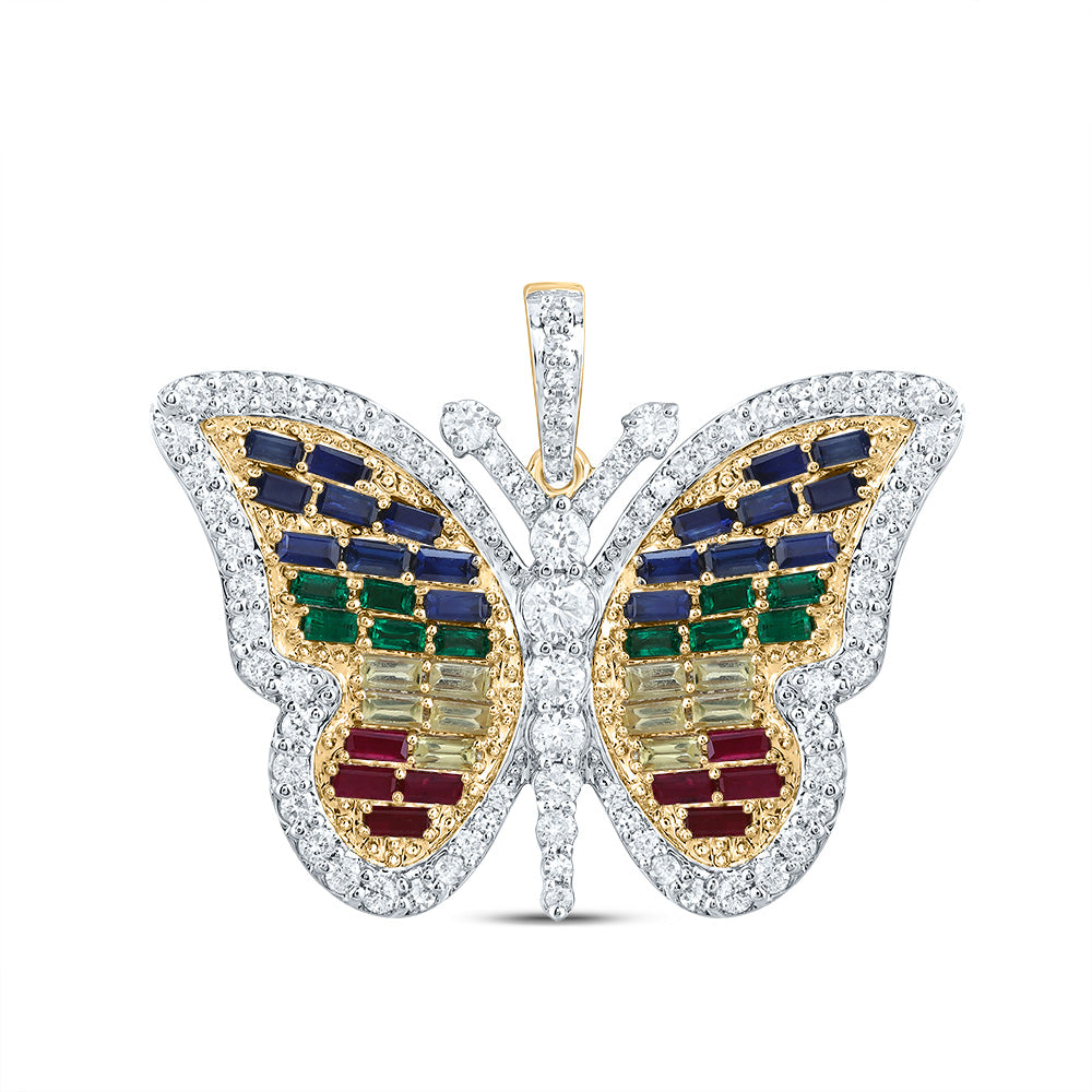 14kt Yellow Gold 3/4 Cttw Natural Diamond and 1 1/2 Cttw Bag Natural Gem Multicolor Sapphire Butterfly Pendant