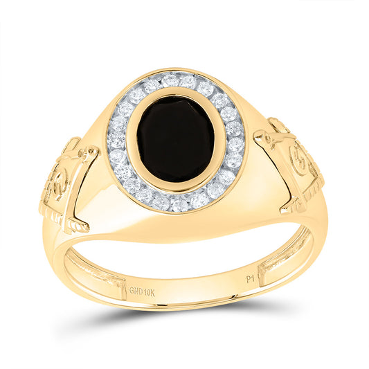 10kt Yellow Gold 1/5 Cttw Natural Diamond 9x7 Mm Oval Onyx Black Mason Mens Ring, Men Size: 8-12