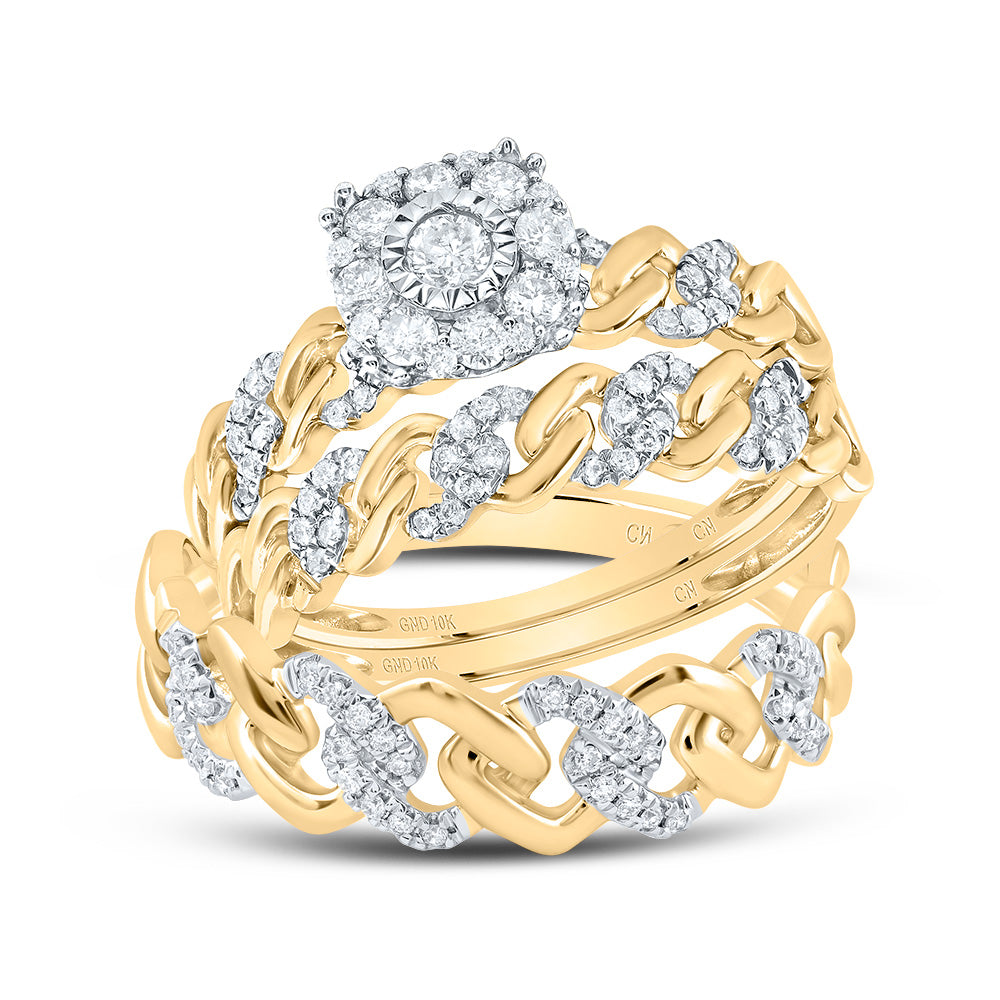 10kt Yellow Gold His & Hers 1/2 Cttw Natural Diamond Cuban Fashion Bridal Wedding Ring Band Set, Women Size: 5-9, Men Size: 8-12