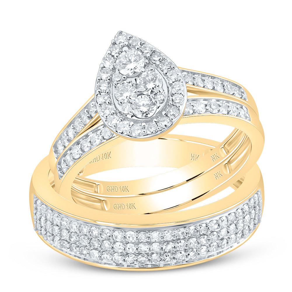 10kt Yellow Gold His & Hers 1 Cttw Natural Diamond Pear Bridal Wedding Ring Band Set, Women Size: 5-9, Men Size: 8-12