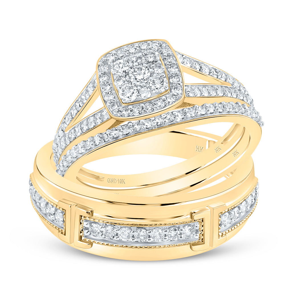 10kt Yellow Gold His & Hers 3/4 Cttw Natural Diamond Cushion Bridal Wedding Ring Band Set, Women Size: 5-9, Men Size: 8-12