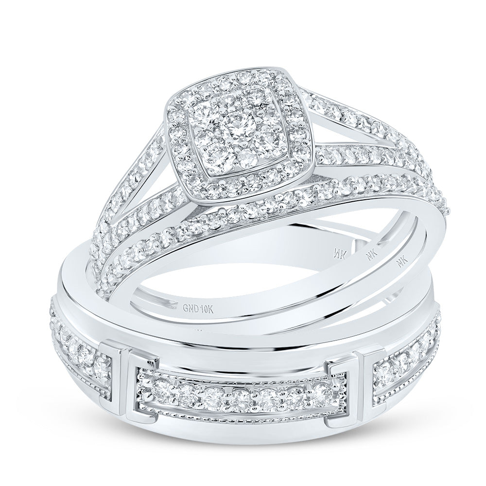 10kt White Gold His & Hers 3/4 Cttw Natural Diamond Cushion Bridal Wedding Ring Band Set, Women Size: 5-9, Men Size: 8-12