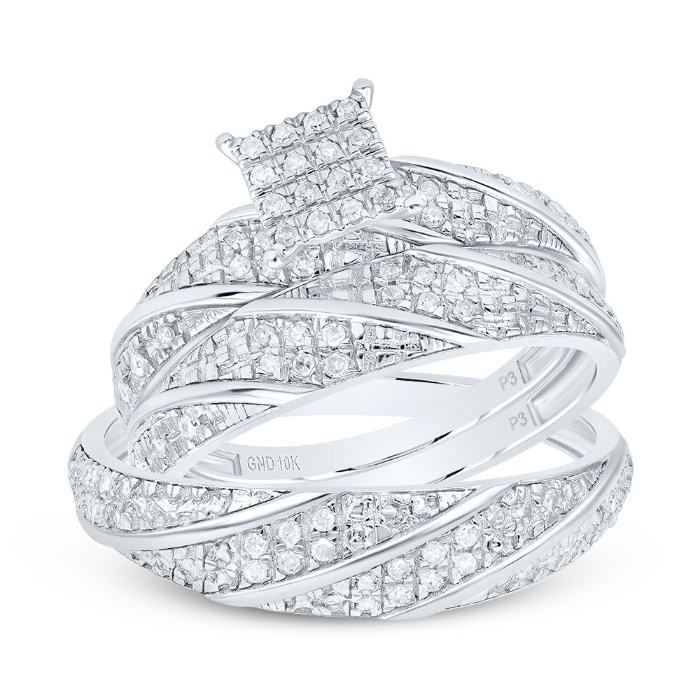 10kt White Gold His & Hers 1/4 Cttw Natural Diamond Square Bridal Wedding Ring Band Set, Women Size: 5-9, Men Size: 8-12