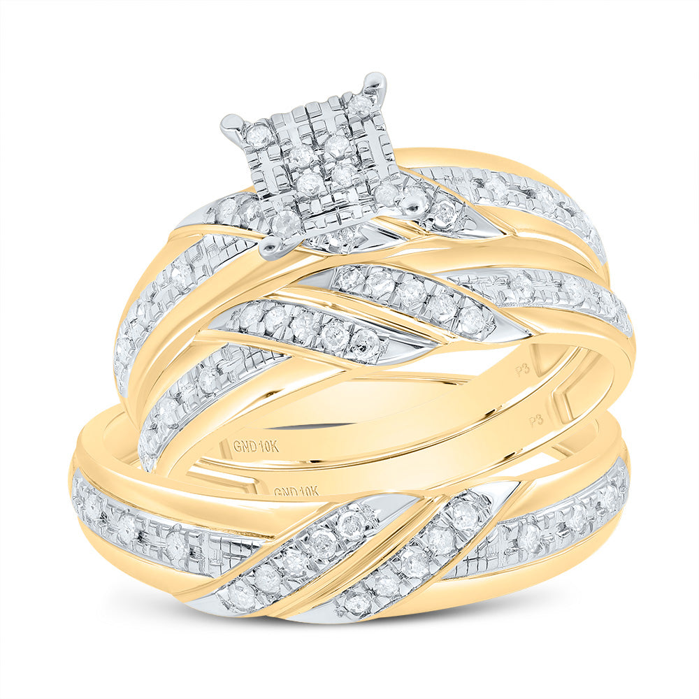 10k Yellow White Gold His & Hers 1/3 Cttw Natural Diamond Square Bridal Wedding Ring Band Set , Women Size: 5-9, Men Size: 8-12