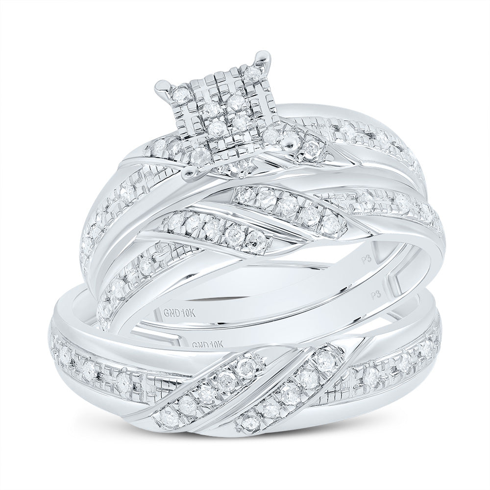 10kt White Gold His & Hers 1/3 Cttw Natural Diamond Square Bridal Wedding Ring Band Set, Women Size: 5-9, Men Size: 8-12