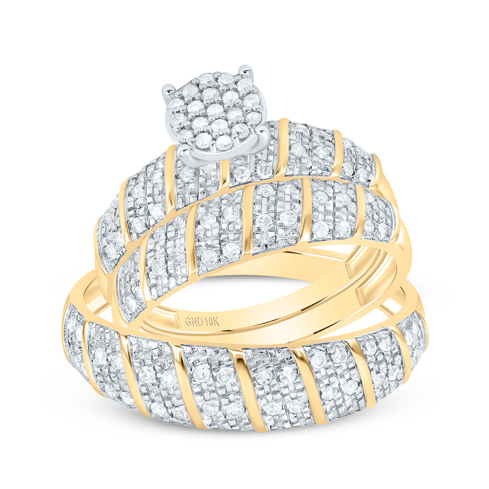 10k Yellow White Gold His & Hers 1/2 Cttw Natural Diamond Round Bridal Wedding Ring Band Set , Women Size: 5-9, Men Size: 8-12