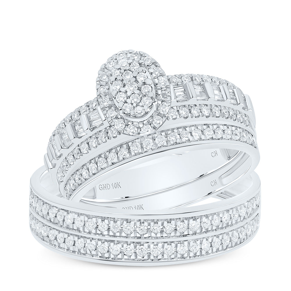 10kt White Gold His & Hers 3/4 Cttw Natural Diamond Oval Bridal Wedding Ring Band Set, Women Size: 5-9, Men Size: 8-12