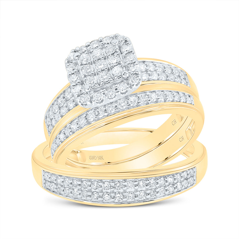 10k Yellow White Gold His & Hers 3/4 Cttw Natural Diamond Cushion Bridal Wedding Ring Band Set , Women Size: 5-9, Men Size: 8-12
