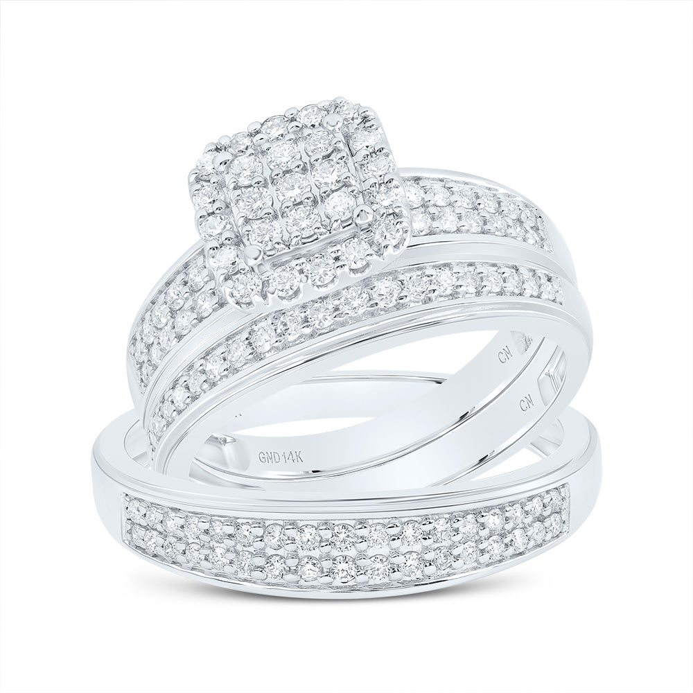 14kt White Gold His & Hers 3/4 Cttw Natural Diamond Cushion Bridal Wedding Ring Band Set, Women Size: 5-9, Men Size: 8-12