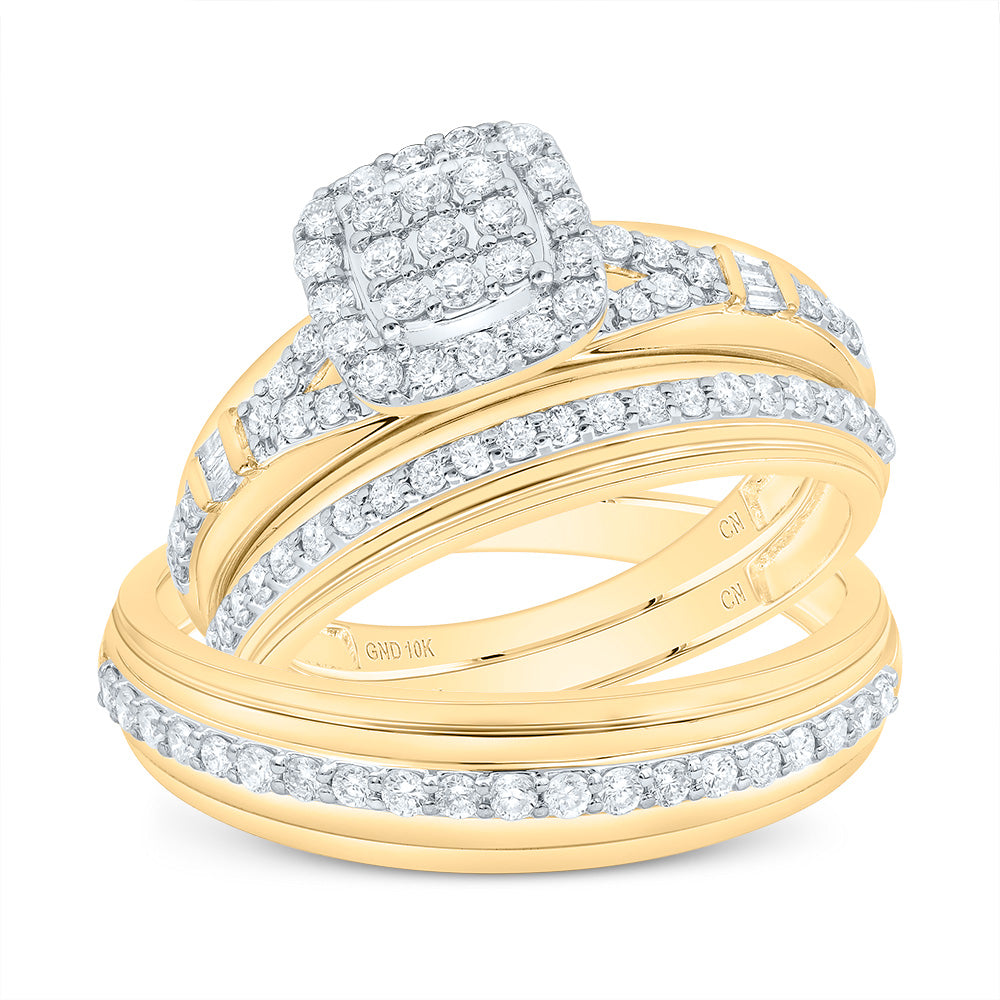 10k Yellow White Gold His & Hers 3/4 Cttw Diamond Cushion Bridal Wedding Ring Band Set, Women Size: 5-9, Men Size: 8-12