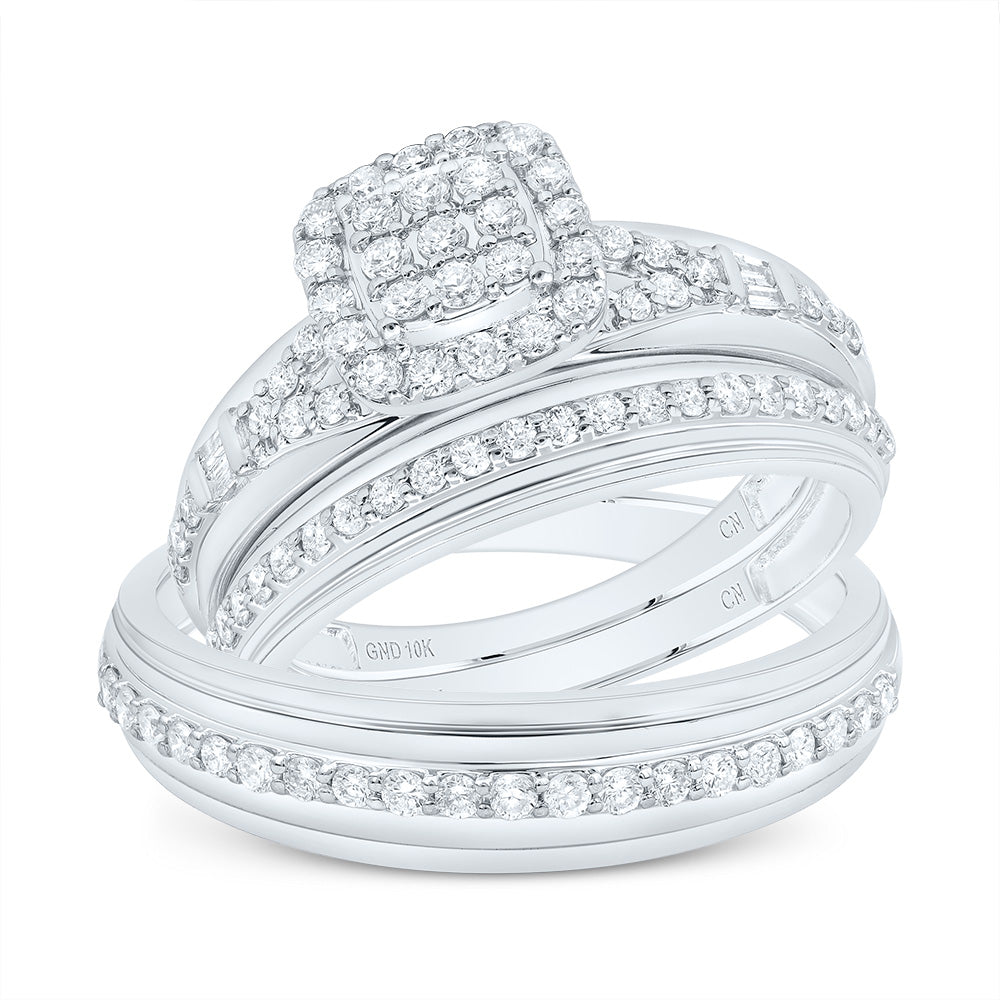 10kt White Gold His & Hers 3/4 Cttw Natural Diamond Cushion Bridal Wedding Ring Band Set, Women Size: 5-9, Men Size: 8-12