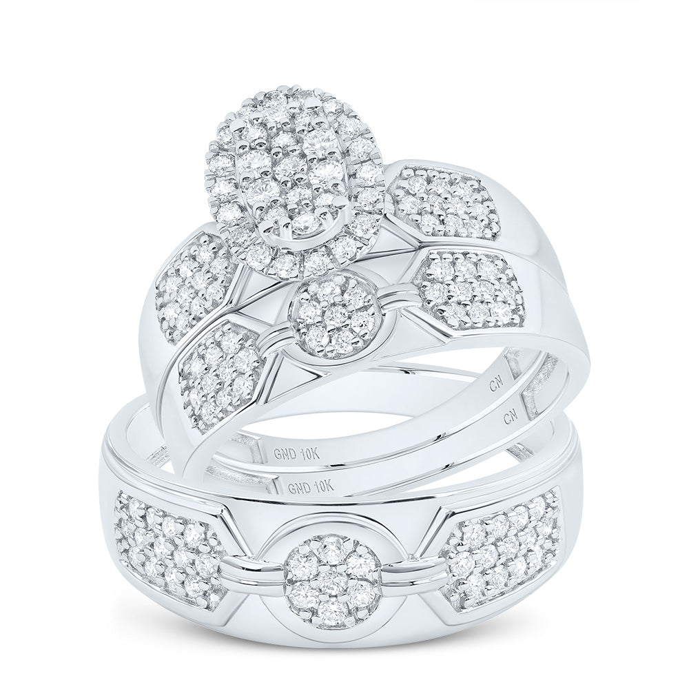 10kt White Gold His & Hers 3/4 Cttw Diamond Oval Bridal Wedding Ring Band Set, Women Size: 5-9, Men Size: 8-12