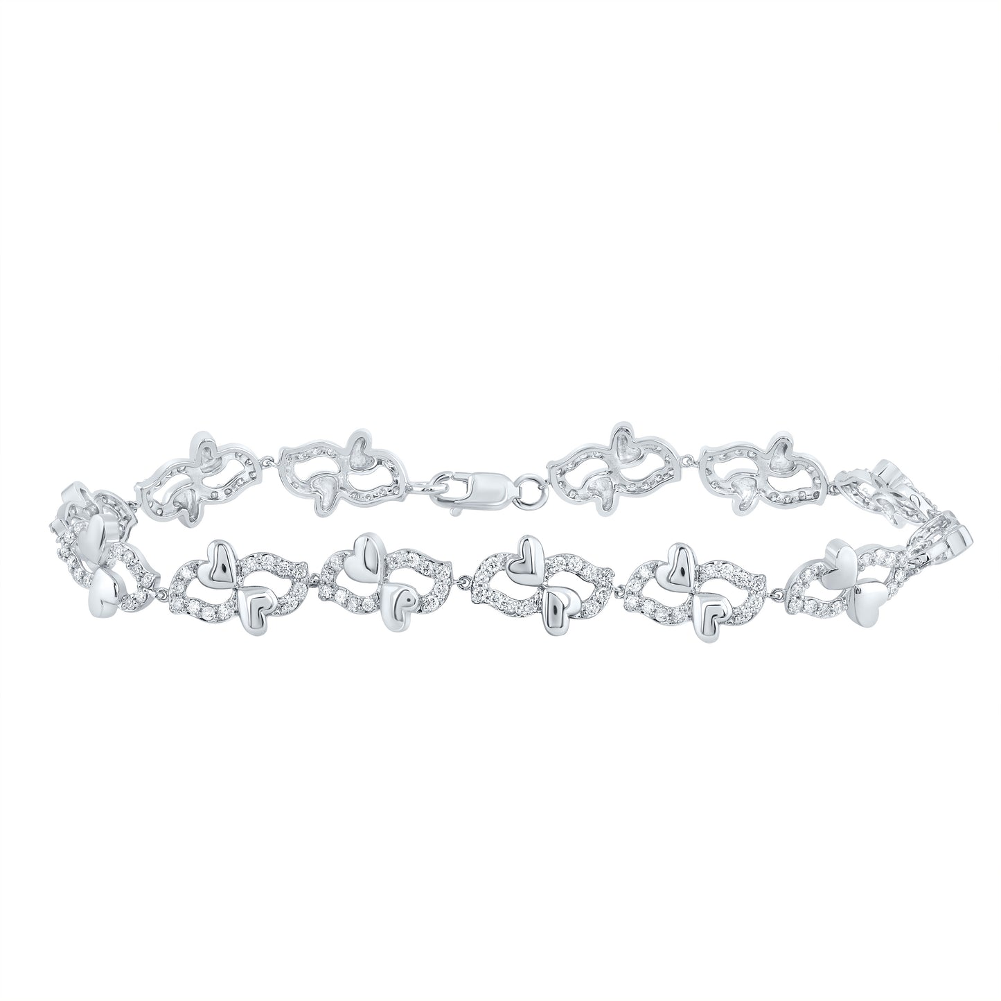 10kt White Gold 1 1/5 Cttw Natural Diamond Fashion Heart Bracelet, Length: 7 Inch