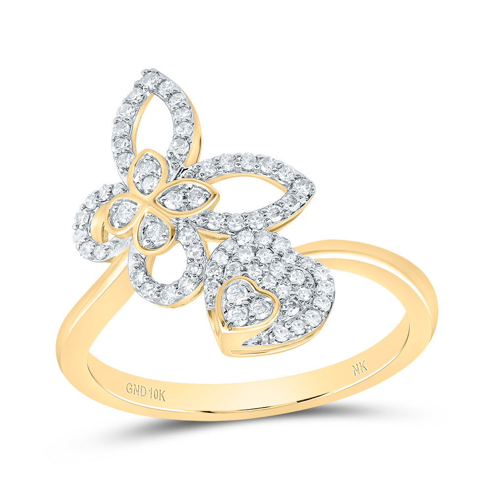 10kt Yellow Gold 1/4 Cttw Natural Diamond Butterfly Heart Wedding Engagement Anniversary Ring, Women Size: 5-9